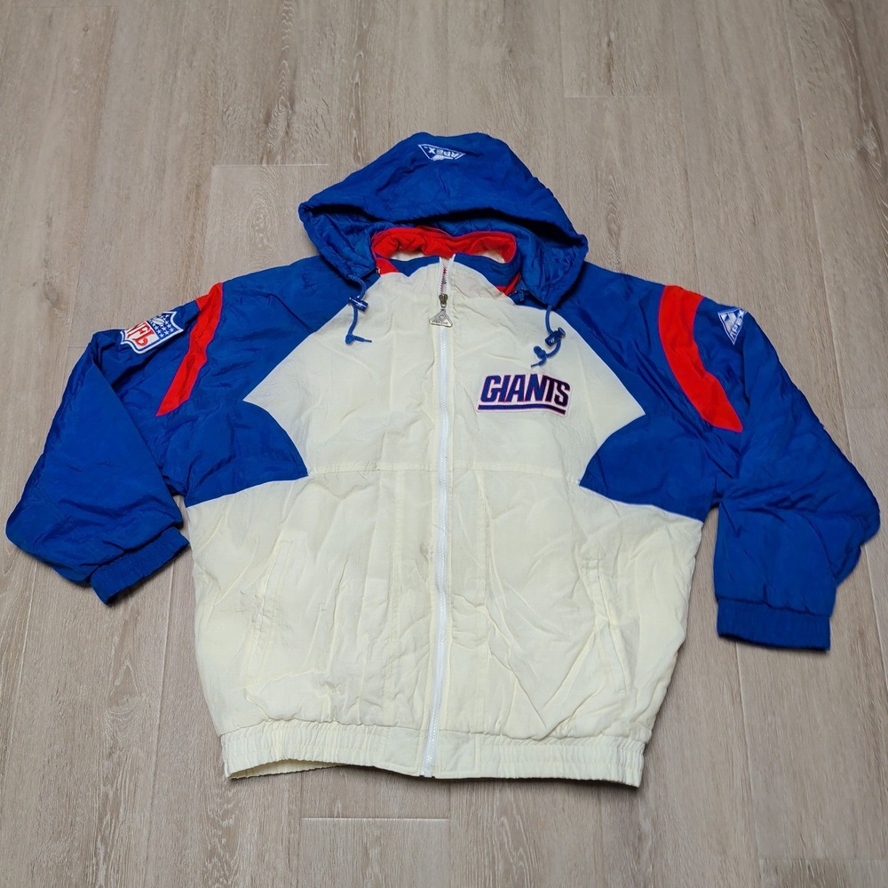 Vintage 90s Apex One New York Giants NFL Puffer Jacket Hooded Blue White Men's L
